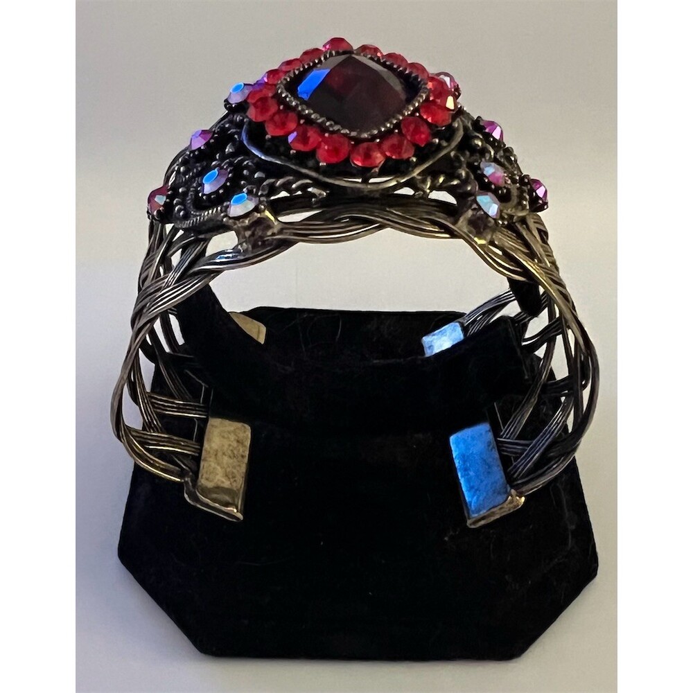 Unknown Vintage Boho Open Cuff Bracelet Gold Red Marquise Stone